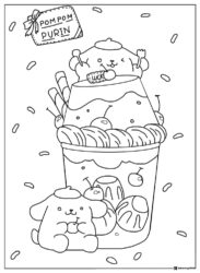 Pompompurin Coloring Page with large dessert and floating droplets
