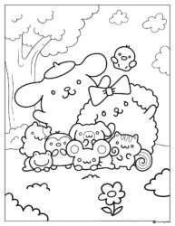 Pompompurin Coloring Page with many friends in a forest