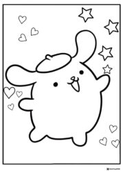 Pompompurin Coloring Page with surrounding hearts and stars