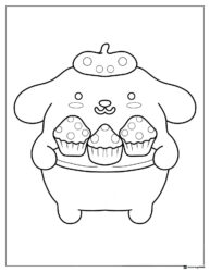 Pompompurin Coloring Sheet holding three cupcakes