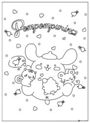 Pompompurin Coloring Sheet surrounded by hearts and tiny friends