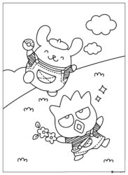 Pompompurin Coloring Sheet with Badtz Maru in overalls
