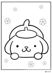 Pompompurin Coloring Sheet with acorn hat and blossoms