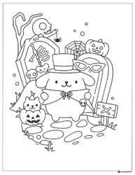 Pompompurin Halloween coloring page with a skeleton and pumpkins
