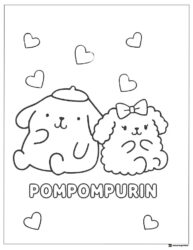Pompompurin and friend coloring page with hearts