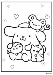 Pompompurin and friends coloring page with hearts