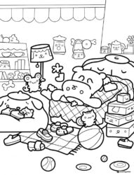 Pompompurin and friends in a cozy room coloring page