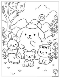 Pompompurin and friends in a garden coloring sheet