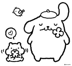 Pompompurin and hamster coloring page with flowers