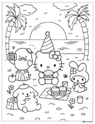 Pompompurin beach picnic with Hello Kitty coloring sheet