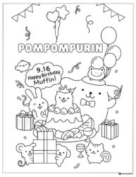 Pompompurin birthday coloring page with cake and gifts