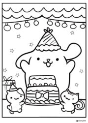 Pompompurin birthday party with cake and friends