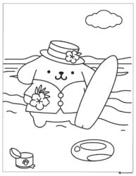 Pompompurin coloring page at the beach with a surfboard