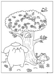 Pompompurin coloring page by a tree with a mushroom