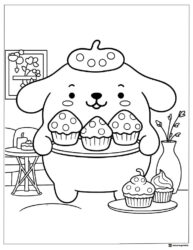 Pompompurin coloring page holding a basket of cupcakes