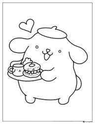 Pompompurin coloring page holding tray with coffee and pastry