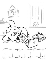 Pompompurin coloring page relaxing with snacks and laptop