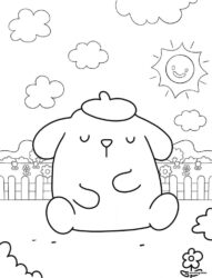 Pompompurin coloring page sitting in a sunny garden