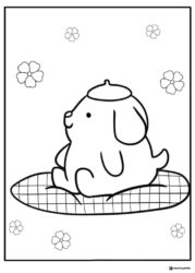 Pompompurin coloring page sitting on a mat with flowers