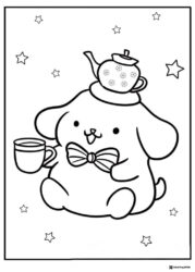 Pompompurin coloring page with a teapot on head and cup