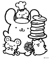 Pompompurin coloring page with chef cat and pancakes
