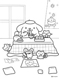 Pompompurin coloring sheet having a meal with friends