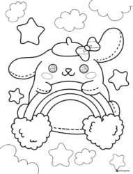 Pompompurin coloring sheet with a rainbow and clouds