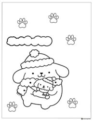 Pompompurin coloring sheet with a small puppy in winter