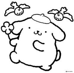 Pompompurin coloring sheet with birds and flower