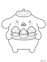 Pompompurin coloring sheet with three cupcakes