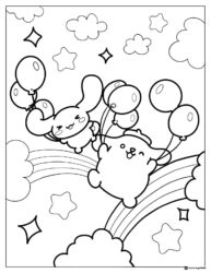 Pompompurin flying with balloons over a rainbow coloring page