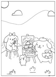 Pompompurin painting macarons friend posing