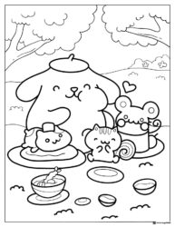 Pompompurin picnic coloring page with friends and snacks