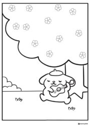 Pompompurin playing guitar under a flowering tree