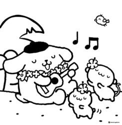 Pompompurin playing ukulele and friends dancing