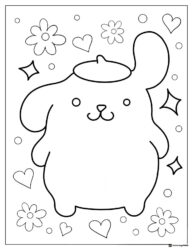 Pompompurin simple coloring page with hearts and flowers