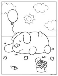 Pompompurin sleeping outdoors coloring page with balloon