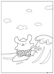 Pompompurin surfing coloring page on a wave