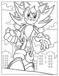 Powered Up Sonic Coloring Page Overlooking a Cityscape