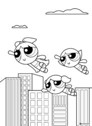 Powerpuff Girls Coloring Page Flying Over City