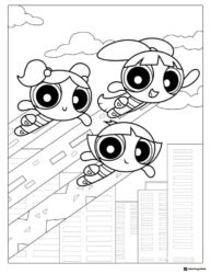 Powerpuff Girls Coloring Page Soaring over Buildings