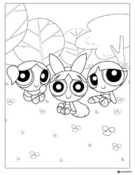 Powerpuff Girls Coloring Page in a Forest Setting