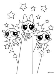 Powerpuff Girls Coloring Page with Stars and Beams
