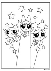 Powerpuff Girls Coloring Page with Stars and Energy Blasts