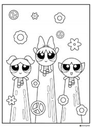 Powerpuff Girls Coloring Sheet with Peace Signs and Flowers