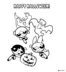 Powerpuff Girls Halloween Coloring Page with Ghosts and Pumpkin