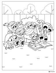 Powerpuff Girls and friends reading a book Coloring Page