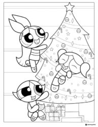 Powerpuff Girls celebrating Christmas with tree Coloring Sheet