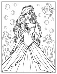 Princess Ariel Coloring Page with Flounder and Bubbles