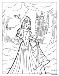 Princess Aurora by Castle with Birds Coloring Page